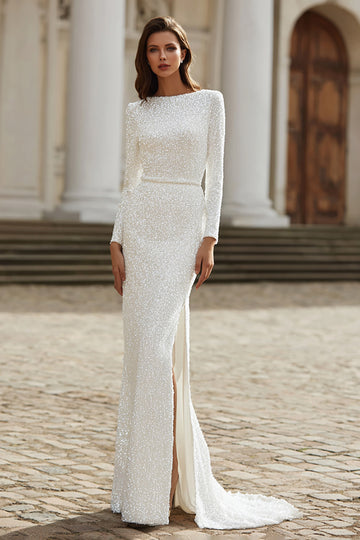 Sparkly Ivory Boat Neck Sheath Long Sleeve Wedding Dress